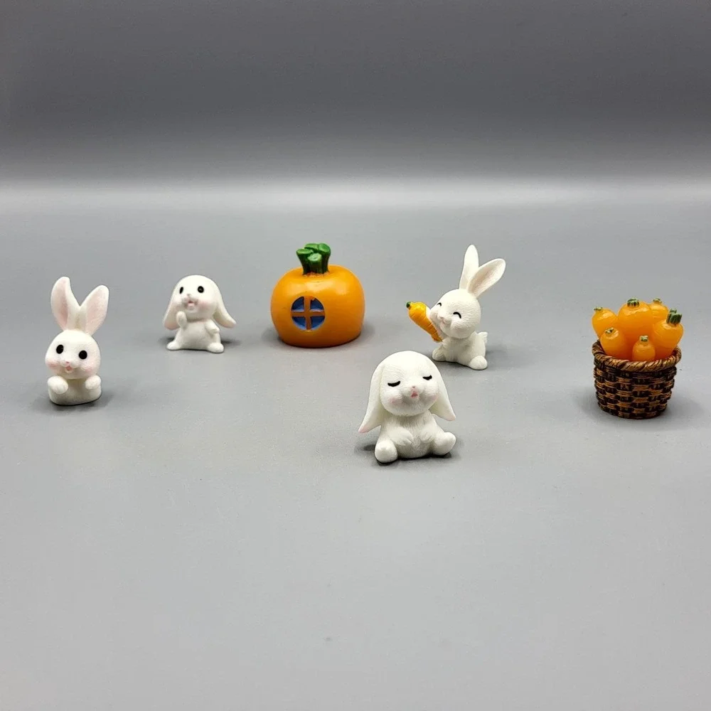 Easter Decor Miniature Rabbit Figurines Set Doll House Carrot Basket Orange